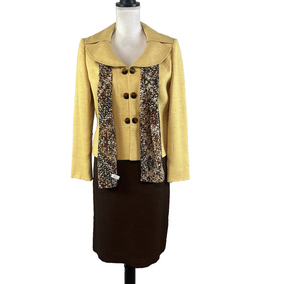 Le Suit 3pc Blazer Skirt Scarf Suit size 8 Petite Yellow Brown Career Lawyer - Picture 1 of 15
